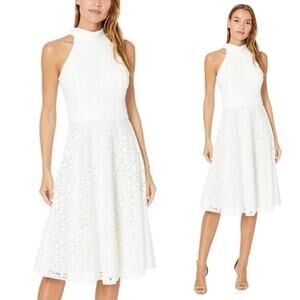 New Tahari White Lace Midi Dress High Neck Halter A-line Ivory Knee Length US 6